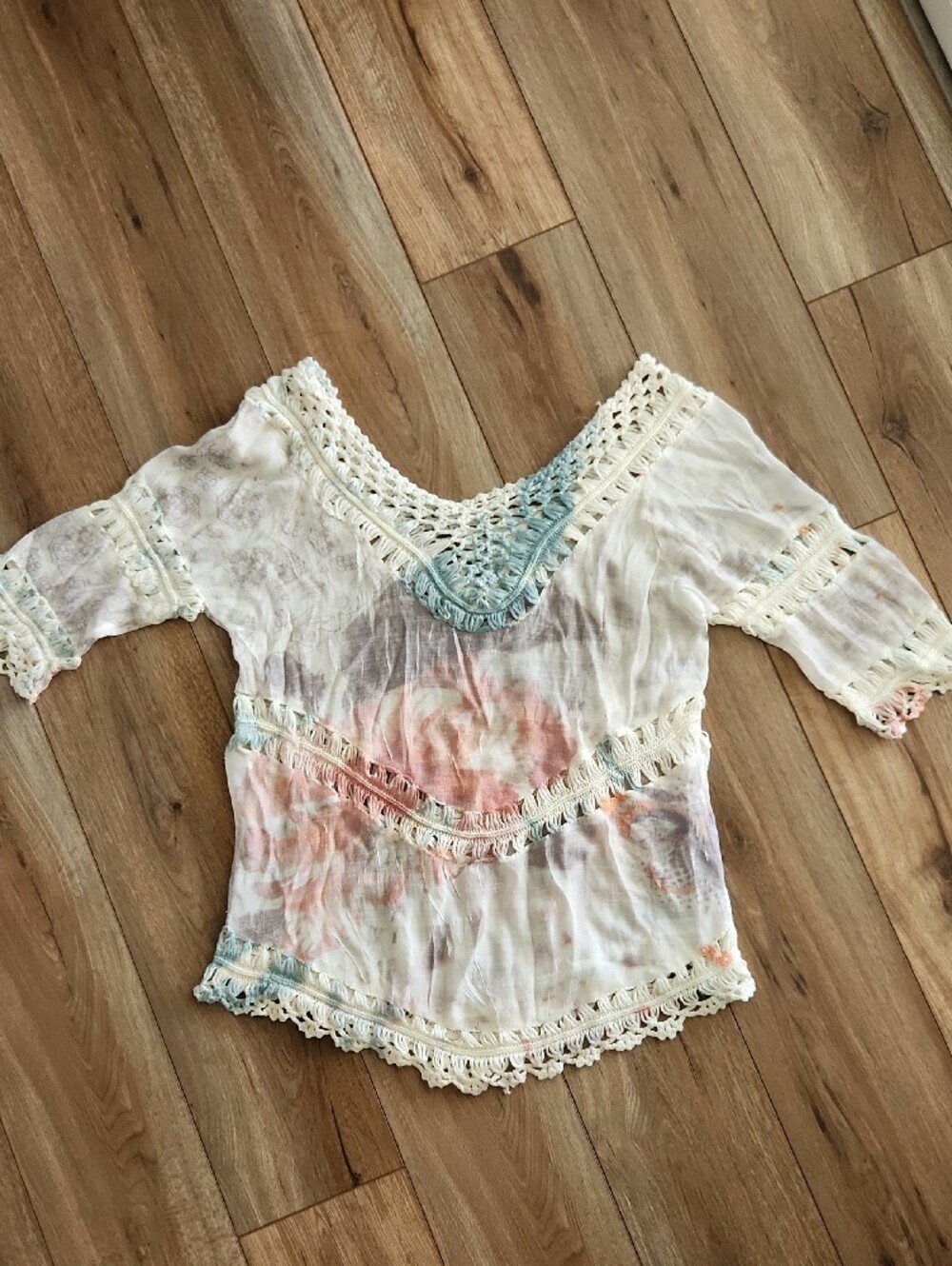 Tempo Paris Cream Tie-Dye Crochet V-Neck Tunic Boho Pastel Blue & Pink Women's M